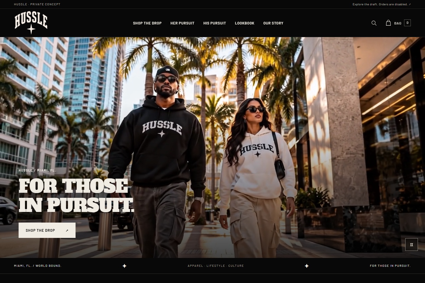 Hussle clothing brand website preview with its cinematic campaign homepage
